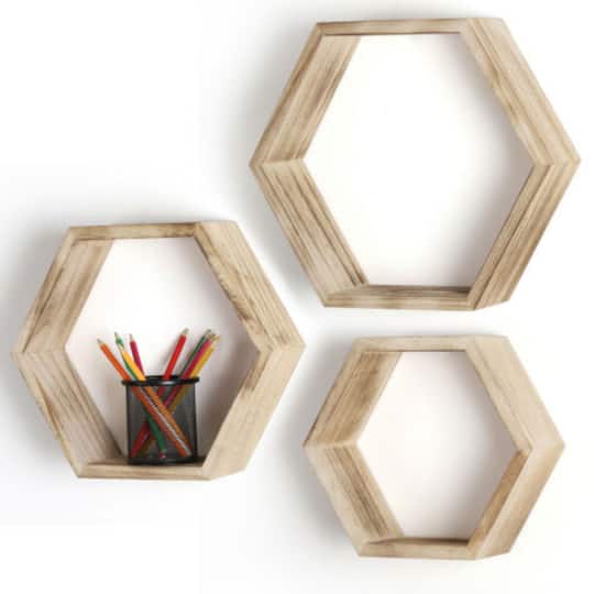 Rustic Brown Floating Hexagonal Shelf Set